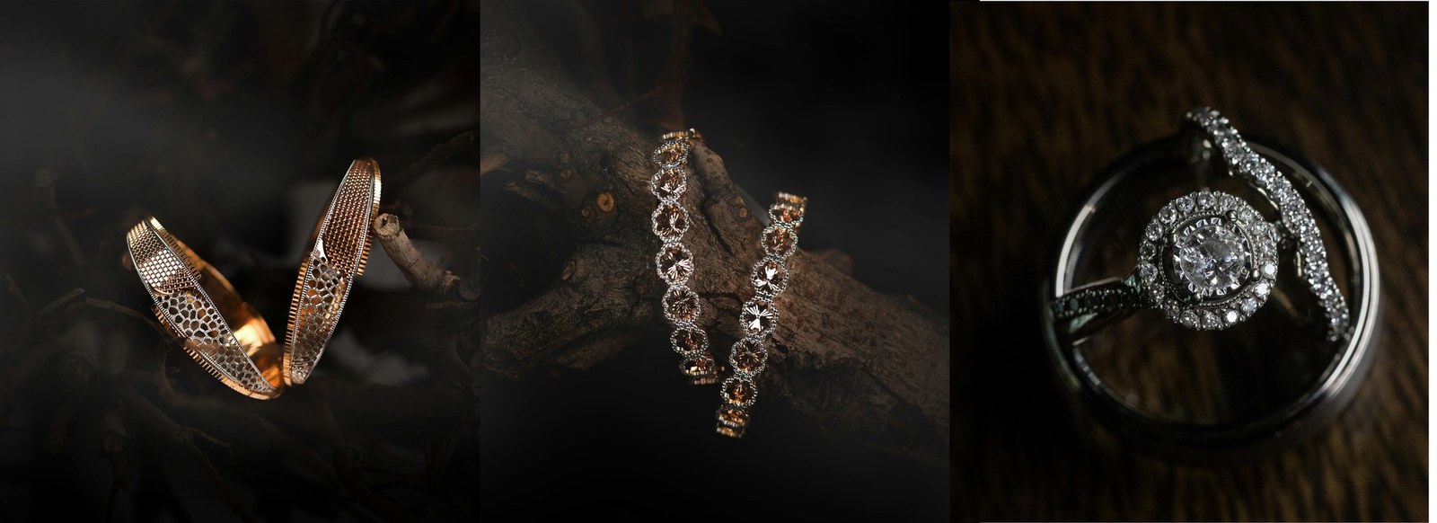 Gold bangles, a diamond bracelet and a halo solitaire ring — Ramanand Jewellers